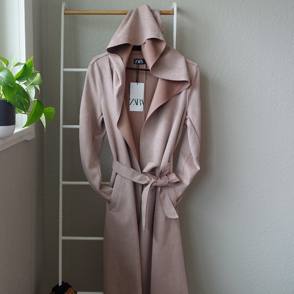 NWT Zara Dusty Pink Faux Suede Trench Coat - S